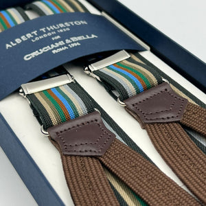 Albert Thurston for Cruciani & Bella Made in England Adjustable Sizing 25 mm elastic braces  Multicolor Stripes Braid ends Y-Shaped Nickel Fittings Size: XL #6756