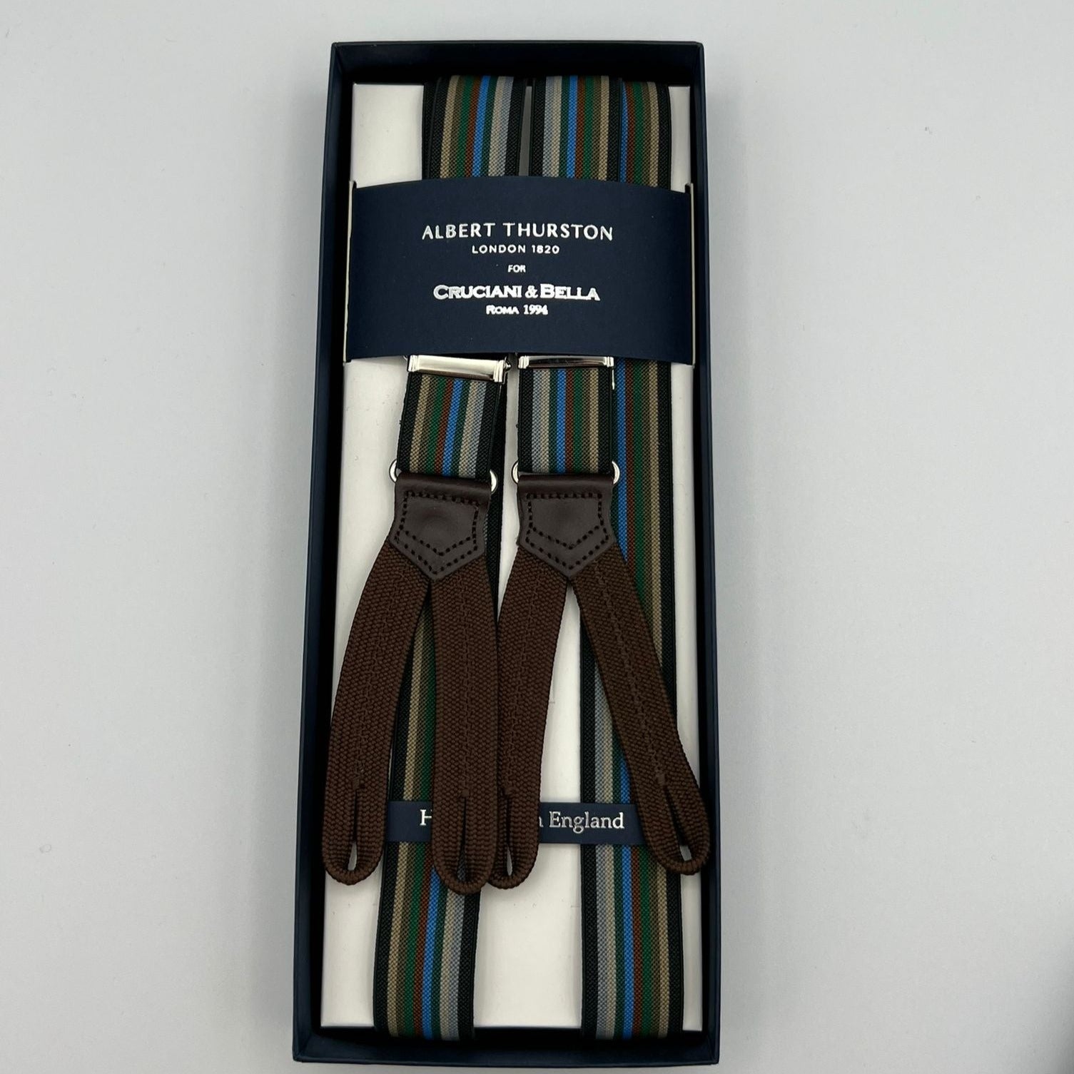 Albert Thurston for Cruciani & Bella Made in England Adjustable Sizing 25 mm elastic braces  Multicolor Stripes Braid ends Y-Shaped Nickel Fittings Size: XL #6756