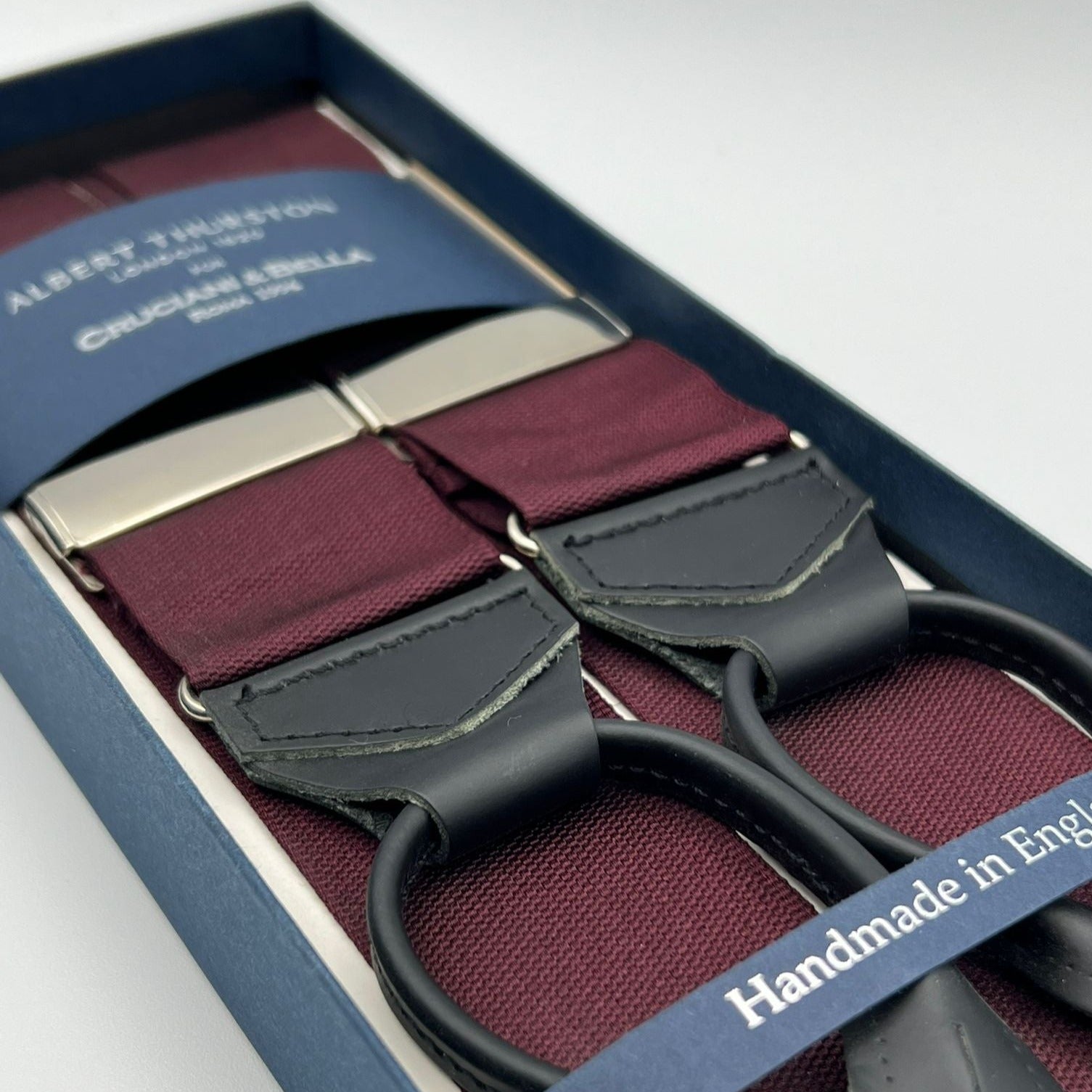 Albert Thurston for Cruciani & Bella Made in England Adjustable Sizing 40 mm Woven Barathea  Wine Plain Leather ends Y-Shaped Nikel Fittings Size: XL #4187