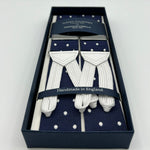 Albert Thurston for Cruciani & Bella Made in England Adjustable Sizing 40 mm Woven Barathea  Blue, White dots Braces Braid ends Y-Shaped Nickel Fittings Size: XL #6771