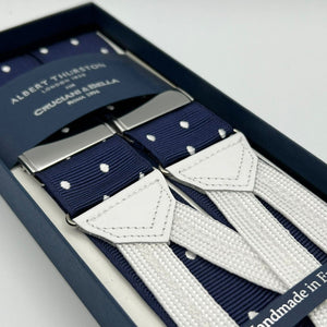 Albert Thurston for Cruciani & Bella Made in England Adjustable Sizing 40 mm Woven Barathea  Blue, White dots Braces Braid ends Y-Shaped Nickel Fittings Size: XL #6771