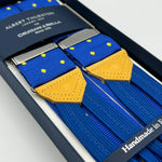 Albert Thurston for Cruciani & Bella Made in England Adjustable Sizing 40 mm Woven Barathea  Light Blue, Yellow dots Braces Braid ends Y-Shaped Nickel Fittings Size: XL #6772