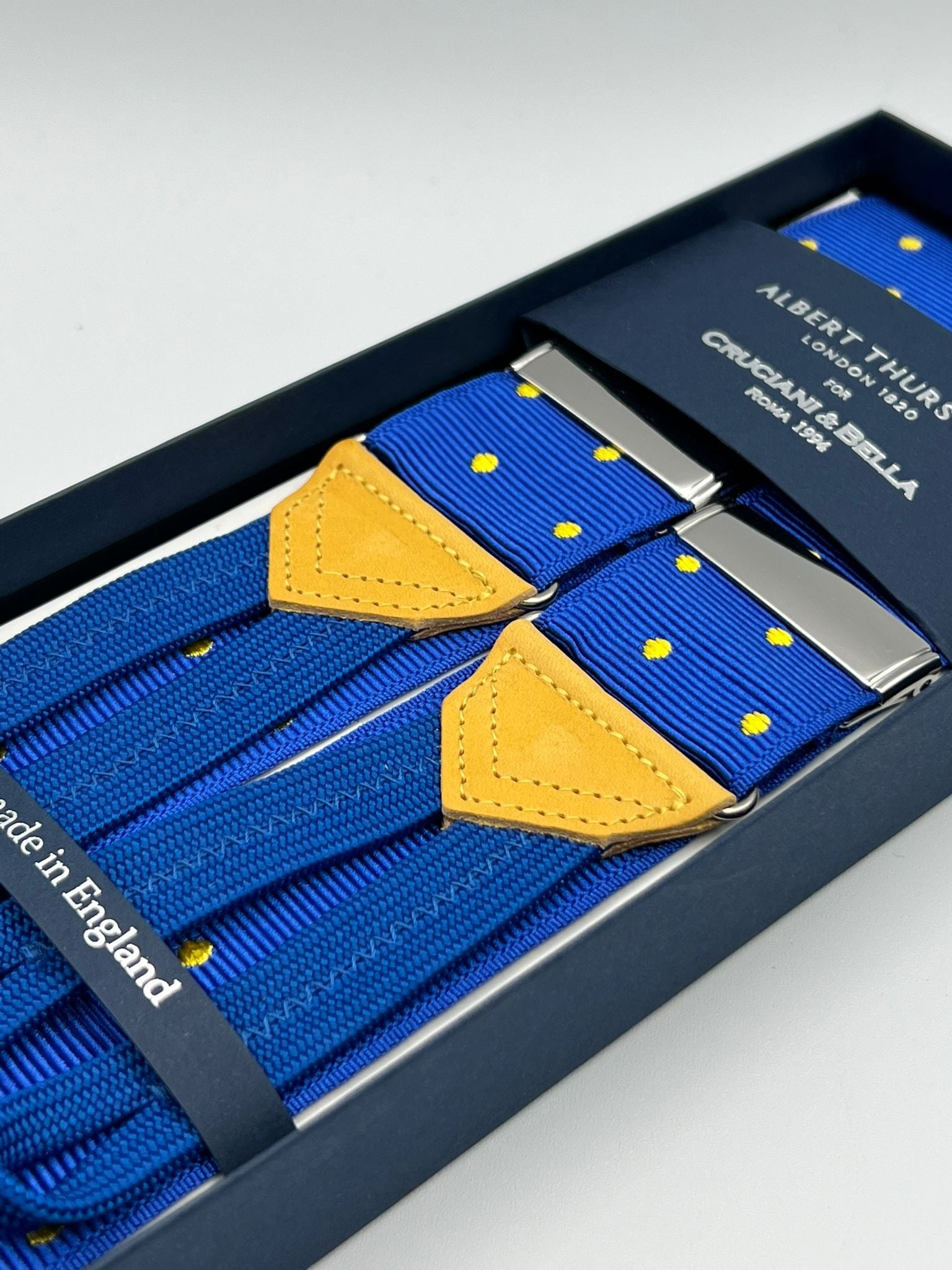 Albert Thurston for Cruciani & Bella Made in England Adjustable Sizing 40 mm Woven Barathea  Light Blue, Yellow dots Braces Braid ends Y-Shaped Nickel Fittings Size: XL #6772