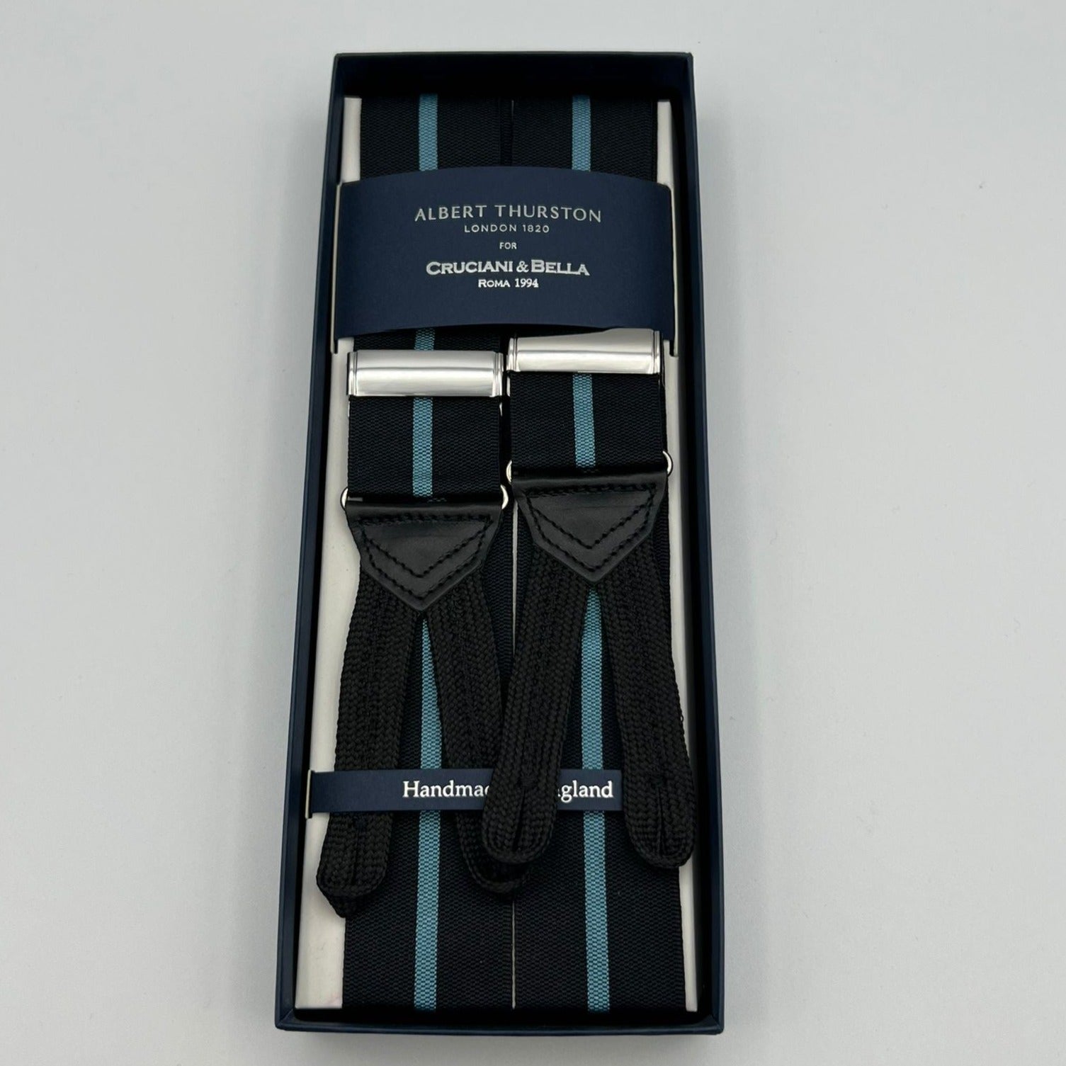 Albert Thurston for Cruciani & Bella Made in England Adjustable Sizing 40 mm Woven Barathea  Dark and Blue Stripes  Braces Y-Shaped Nickel Fittings Size: XL 6774