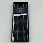 Albert Thurston for Cruciani & Bella Made in England Adjustable Sizing 40 mm Woven Barathea  Dark and Blue Stripes  Braces Y-Shaped Nickel Fittings Size: XL 6774
