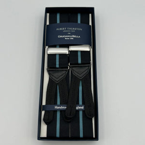 Albert Thurston for Cruciani & Bella Made in England Adjustable Sizing 40 mm Woven Barathea  Dark and Blue Stripes  Braces Y-Shaped Nickel Fittings Size: XL 6774