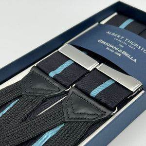 Albert Thurston for Cruciani & Bella Made in England Adjustable Sizing 40 mm Woven Barathea  Dark and Blue Stripes  Braces Y-Shaped Nickel Fittings Size: XL 6774