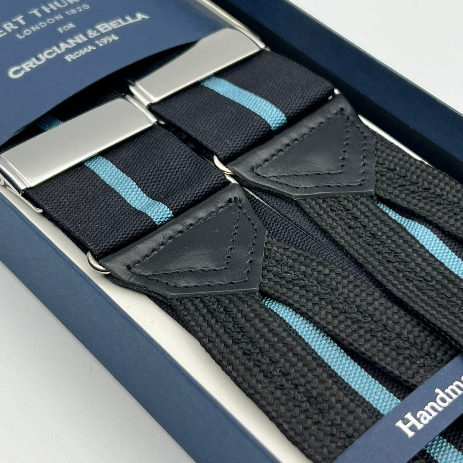 Albert Thurston for Cruciani & Bella Made in England Adjustable Sizing 40 mm Woven Barathea  Dark and Blue Stripes  Braces Y-Shaped Nickel Fittings Size: XL 6774