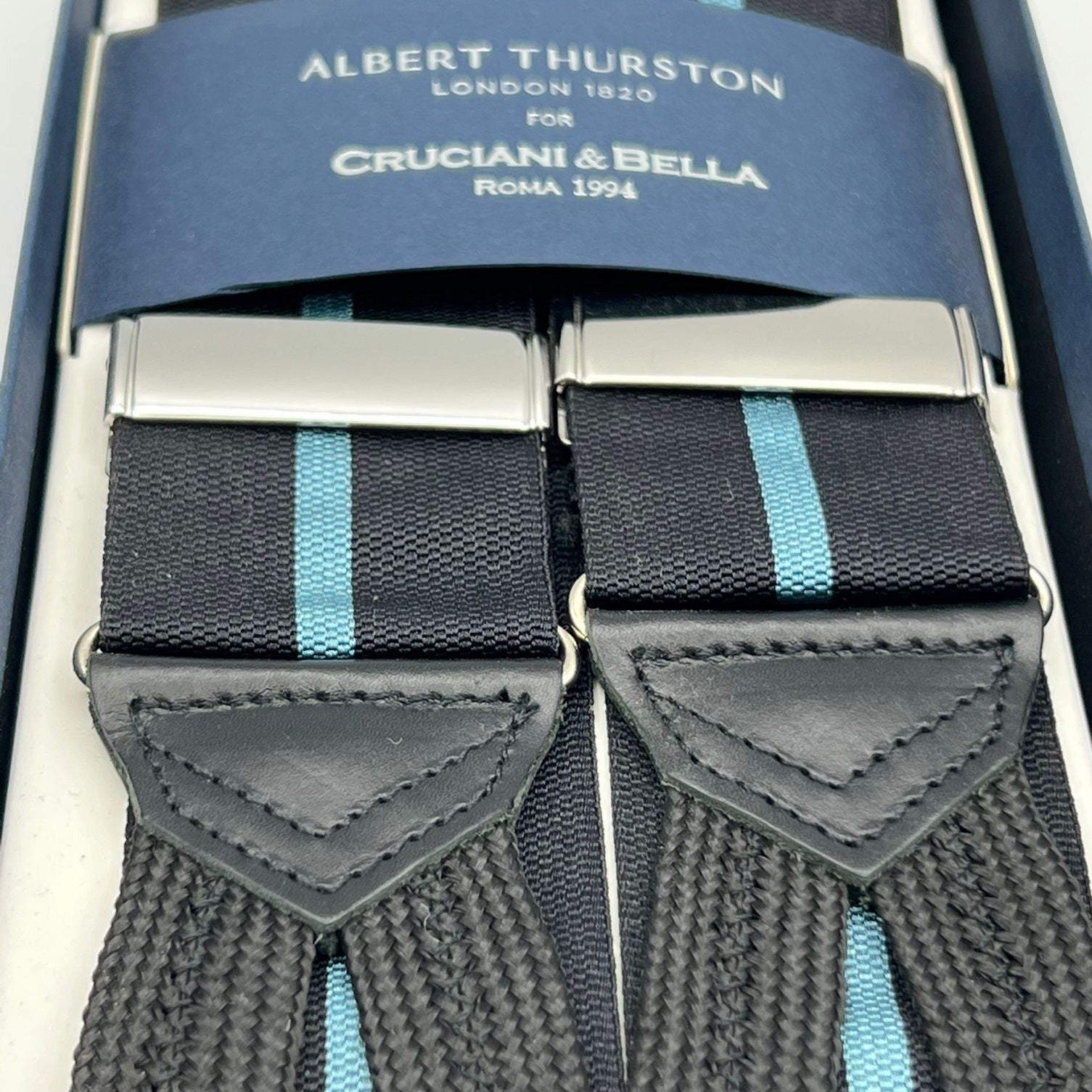 Albert Thurston for Cruciani & Bella Made in England Adjustable Sizing 40 mm Woven Barathea  Dark and Blue Stripes  Braces Y-Shaped Nickel Fittings Size: XL 6774