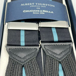 Albert Thurston for Cruciani & Bella Made in England Adjustable Sizing 40 mm Woven Barathea  Dark and Blue Stripes  Braces Y-Shaped Nickel Fittings Size: XL 6774