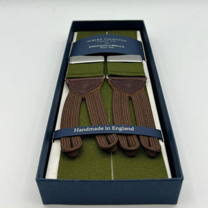 Albert Thurston for Cruciani & Bella Made in England Adjustable Sizing 40 mm Woven Barathea  Olive Plain Braces Braid ends Y-Shaped Nickel Fittings Size: XL #6766