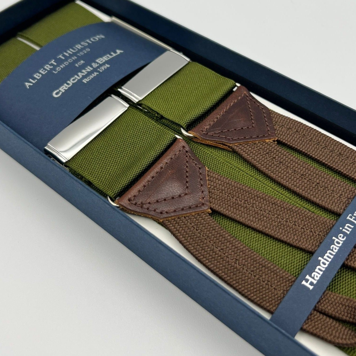 Albert Thurston for Cruciani & Bella Made in England Adjustable Sizing 40 mm Woven Barathea  Olive Plain Braces Braid ends Y-Shaped Nickel Fittings Size: XL #6766