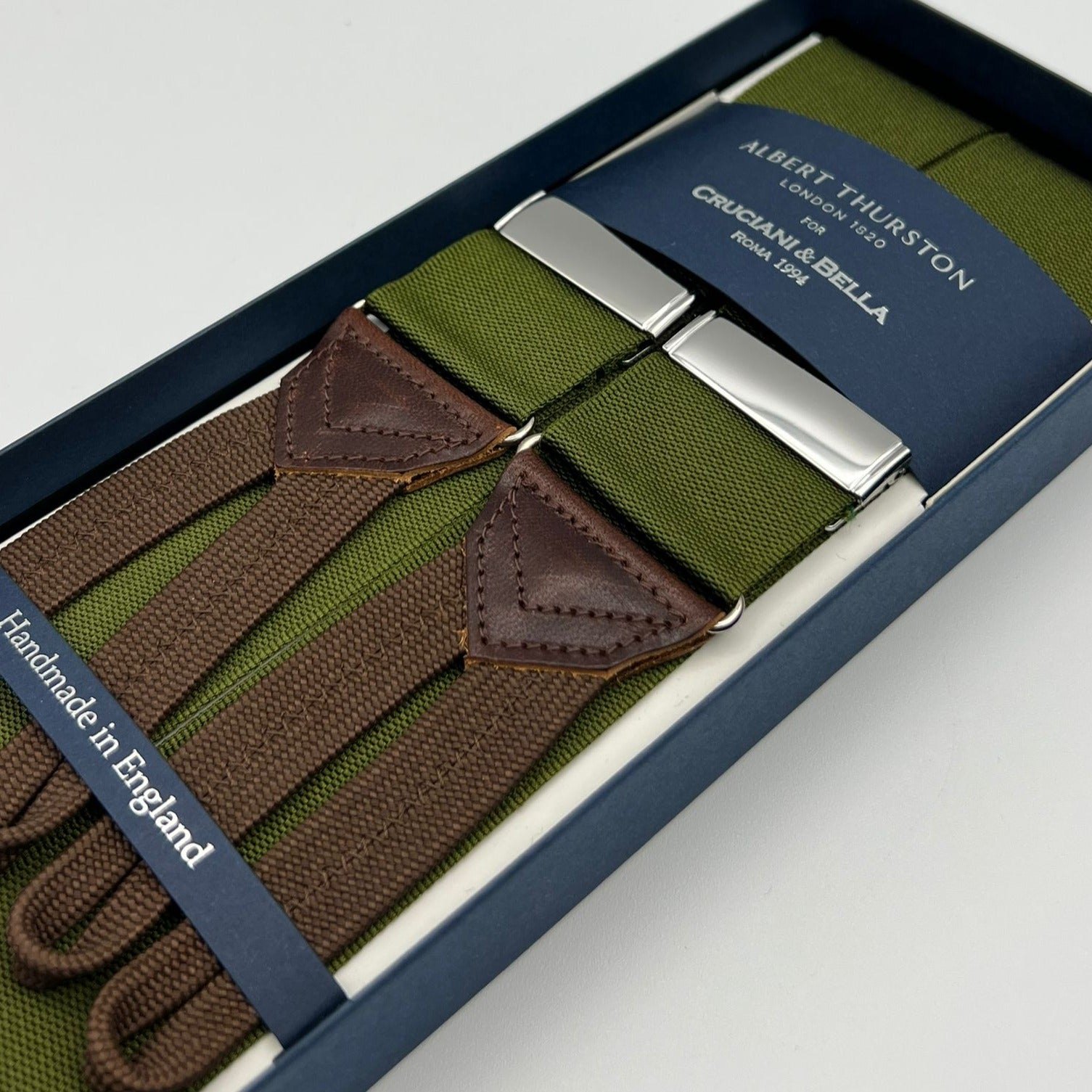 Albert Thurston for Cruciani & Bella Made in England Adjustable Sizing 40 mm Woven Barathea  Olive Plain Braces Braid ends Y-Shaped Nickel Fittings Size: XL #6766