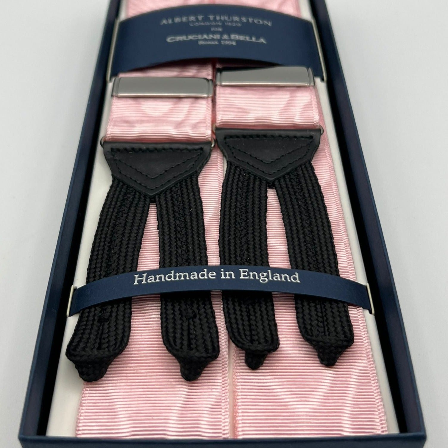 Albert Thurston for Cruciani & Bella Made in England Adjustable Sizing 40 mm Woven Barathea Pink Moirè Plain Color Braces Braid ends Y-Shaped Nickel Fittings Size: XL #6760