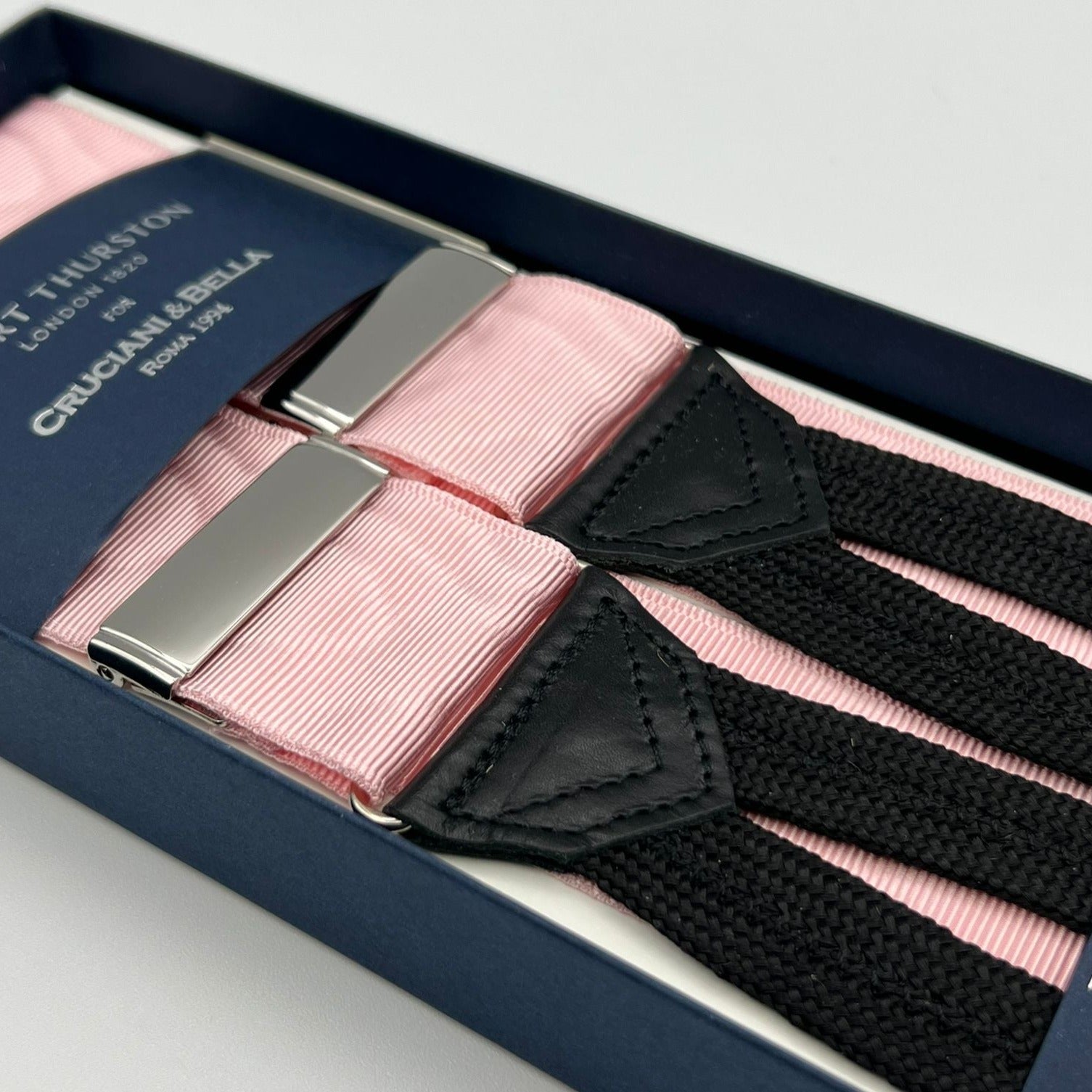 Albert Thurston for Cruciani & Bella Made in England Adjustable Sizing 40 mm Woven Barathea Pink Moirè Plain Color Braces Braid ends Y-Shaped Nickel Fittings Size: XL #6760