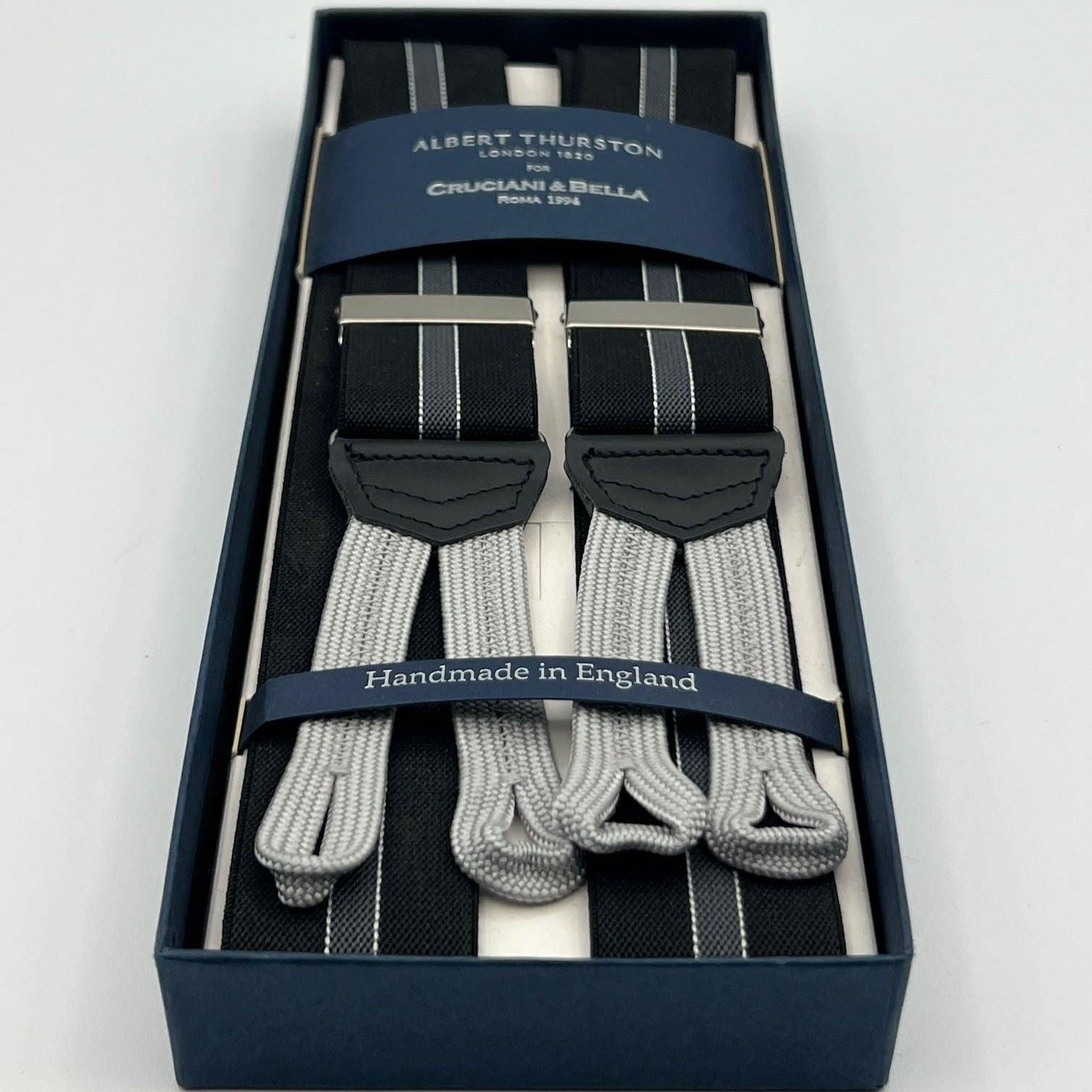 Albert Thurston for Cruciani & Bella Made in England Adjustable Sizing 35 mm elastic braces Black and Grey Stripes  Braid ends Y-Shaped Nickel Fittings Size: L #4289