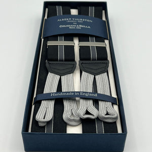 Albert Thurston for Cruciani & Bella Made in England Adjustable Sizing 35 mm elastic braces Black and Grey Stripes  Braid ends Y-Shaped Nickel Fittings Size: L #4289