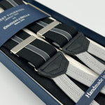 Albert Thurston for Cruciani & Bella Made in England Adjustable Sizing 35 mm elastic braces Black and Grey Stripes  Braid ends Y-Shaped Nickel Fittings Size: L #4289