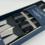 Albert Thurston for Cruciani & Bella Made in England Adjustable Sizing 35 mm elastic braces Black and Grey Stripes  Braid ends Y-Shaped Nickel Fittings Size: L #4289