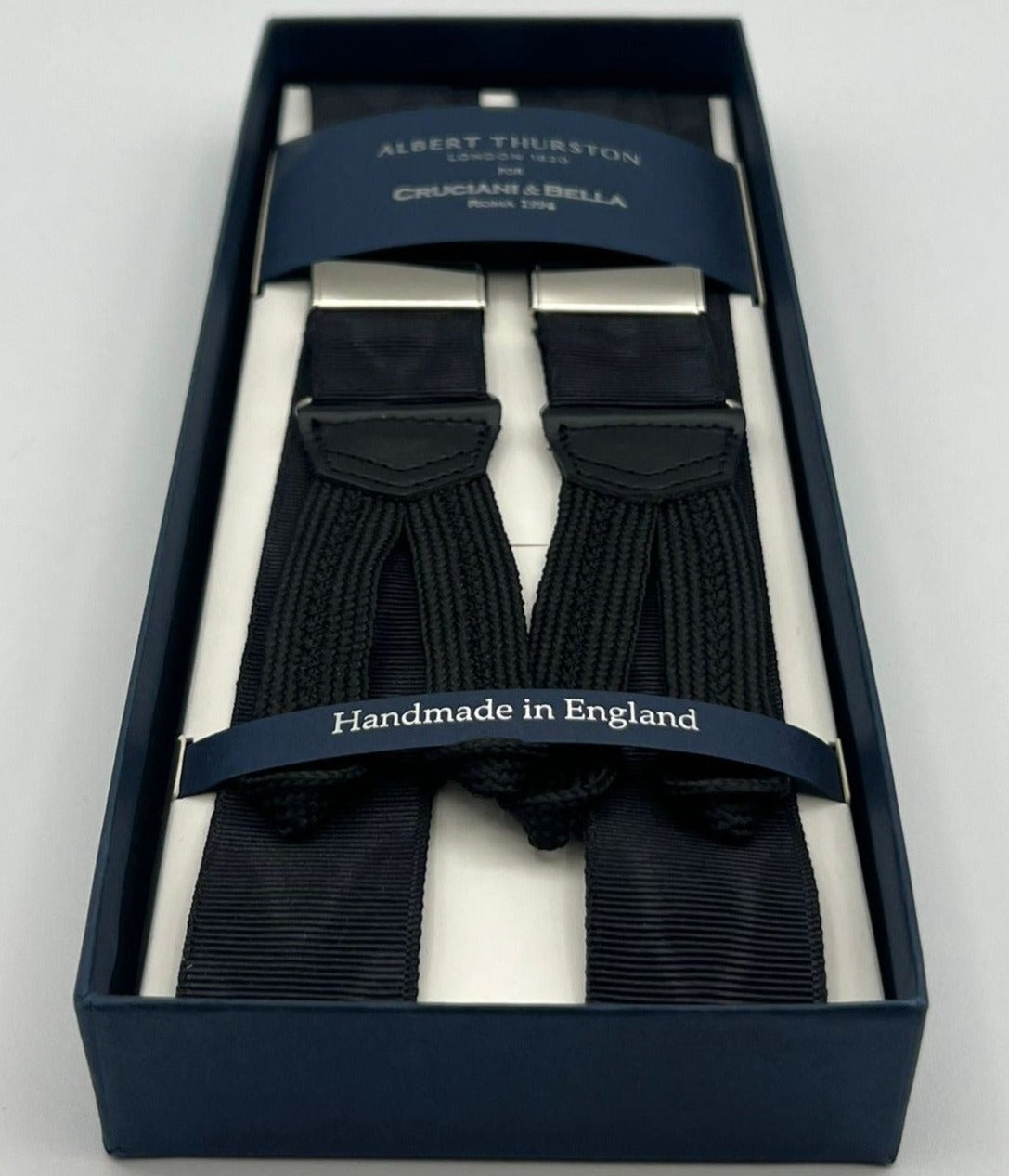 Albert Thurston for Cruciani & Bella Made in England Adjustable Sizing 32 mm Woven Barathea  Black Moiré  braces Braid ends Y-Shaped Nickel Fittings Size: XL #6763