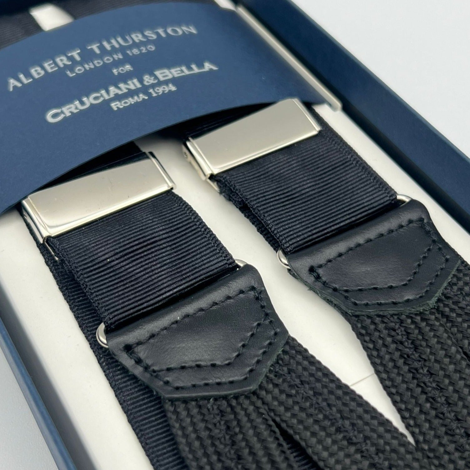 Albert Thurston for Cruciani & Bella Made in England Adjustable Sizing 32 mm Woven Barathea  Black Moiré  braces Braid ends Y-Shaped Nickel Fittings Size: XL #6763
