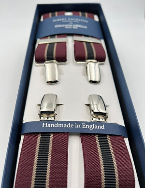 Albert Thurston for Cruciani & Bella Made in England Clip on Adjustable Sizing 35 mm elastic braces Wine, Brown and Black Stripes  X-Shaped Nickel Fittings Size: L #7349