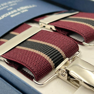 Albert Thurston for Cruciani & Bella Made in England Clip on Adjustable Sizing 35 mm elastic braces Wine, Brown and Black Stripes  X-Shaped Nickel Fittings Size: L #7349