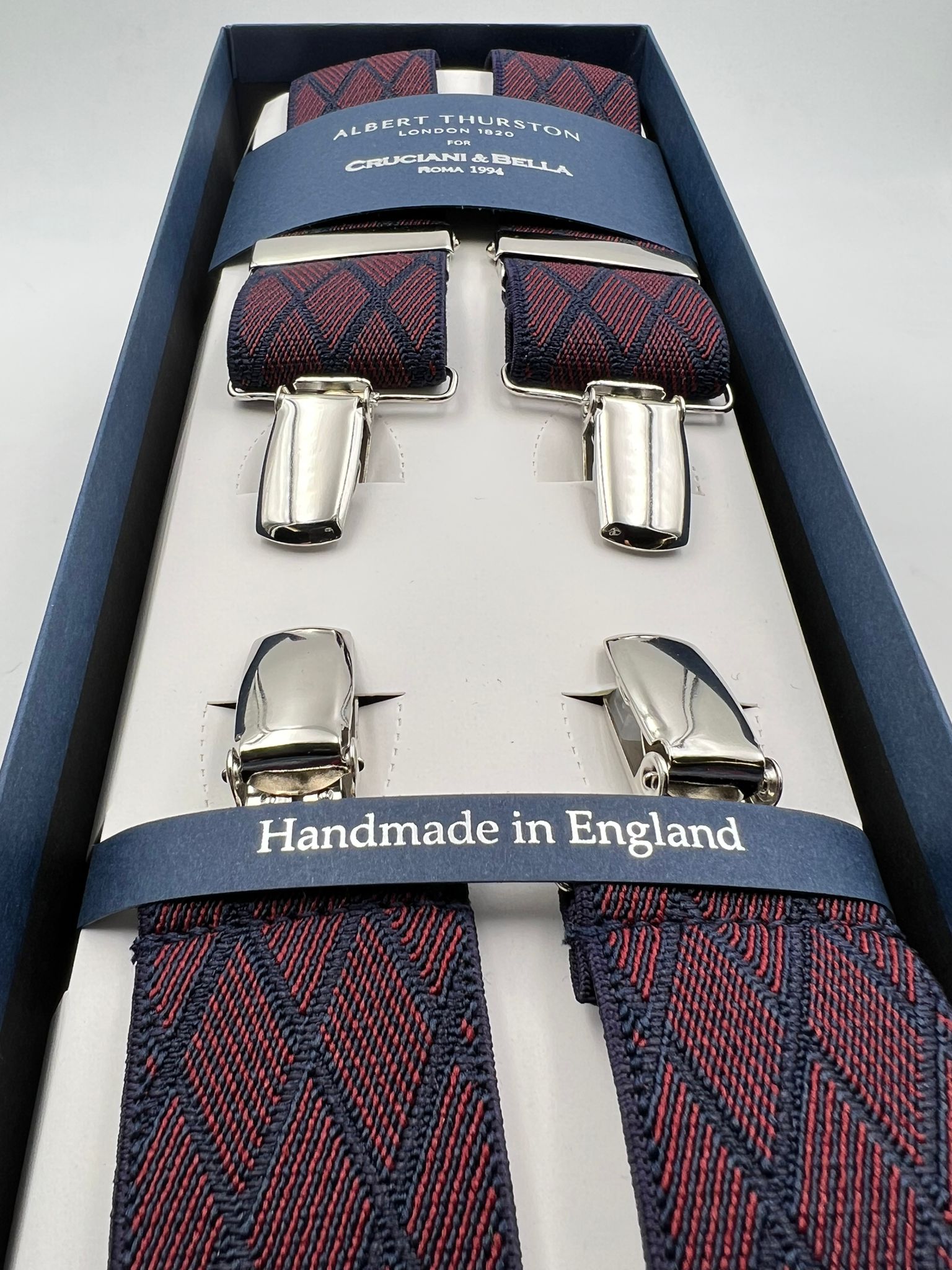 Albert Thurston for Cruciani & Bella Made in England Clip on Adjustable Sizing 35 mm elastic braces Red and Blue Motif X-Shaped Nickel Fittings Size: L #7351