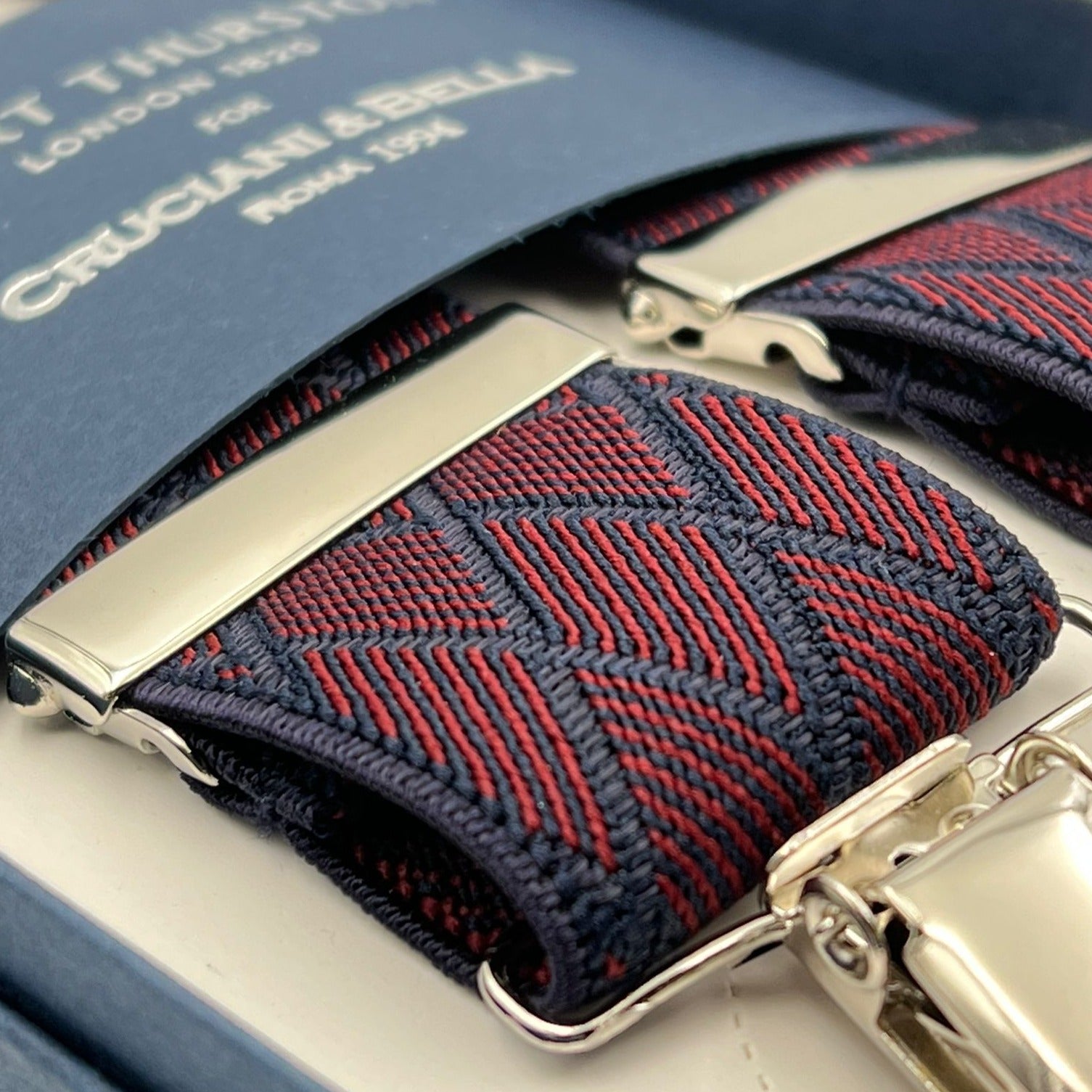 Albert Thurston for Cruciani & Bella Made in England Clip on Adjustable Sizing 35 mm elastic braces Red and Blue Motif X-Shaped Nickel Fittings Size: L #7351