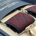 Albert Thurston for Cruciani & Bella Made in England Clip on Adjustable Sizing 35 mm elastic braces Red and Blue Motif X-Shaped Nickel Fittings Size: L #7351