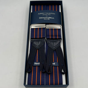 Albert Thurston for Cruciani & Bella Made in England Adjustable Sizing 40 mm Woven Barathea  Blue and Orange Stripes Braces Braid ends Y-Shaped Nickel Fittings Size: XL #7399