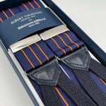 Albert Thurston for Cruciani & Bella Made in England Adjustable Sizing 40 mm Woven Barathea  Blue and Orange Stripes Braces Braid ends Y-Shaped Nickel Fittings Size: XL #7399