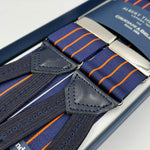 Albert Thurston for Cruciani & Bella Made in England Adjustable Sizing 40 mm Woven Barathea  Blue and Orange Stripes Braces Braid ends Y-Shaped Nickel Fittings Size: XL #7399