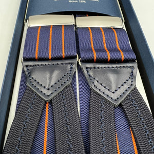Albert Thurston for Cruciani & Bella Made in England Adjustable Sizing 40 mm Woven Barathea  Blue and Orange Stripes Braces Braid ends Y-Shaped Nickel Fittings Size: XL #7399