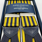 Albert Thurston for Cruciani & Bella Made in England Adjustable Sizing 40 mm Woven Barathea  Blue and Yellow Stripes Braces Braid ends Y-Shaped Nickel Fittings Size: XL #7401