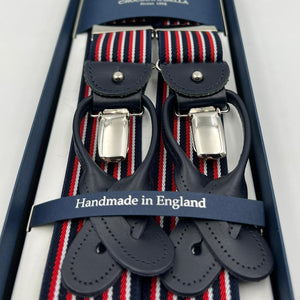 Albert Thurston for Cruciani & Bella Made in England 2 in 1 Adjustable Sizing 35 mm elastic braces Blue, Red and White Stripes  Y-Shaped Nickel Fittings Size Large #7391