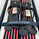 Albert Thurston for Cruciani & Bella Made in England 2 in 1 Adjustable Sizing 35 mm elastic braces Blue, Red and White Stripes  Y-Shaped Nickel Fittings Size Large #7391