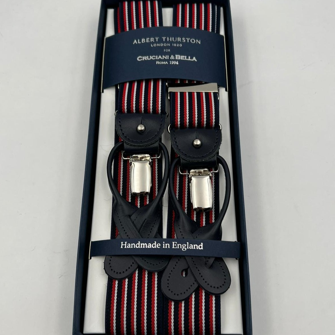 Albert Thurston for Cruciani & Bella Made in England 2 in 1 Adjustable Sizing 35 mm elastic braces Blue, Red and White Stripes  Y-Shaped Nickel Fittings Size Large #7391