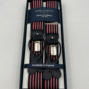 Albert Thurston for Cruciani & Bella Made in England 2 in 1 Adjustable Sizing 35 mm elastic braces Blue, Red and White Stripes  Y-Shaped Nickel Fittings Size Large #7391