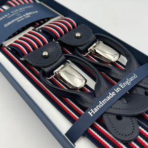 Albert Thurston for Cruciani & Bella Made in England 2 in 1 Adjustable Sizing 35 mm elastic braces Blue, Red and White Stripes  Y-Shaped Nickel Fittings Size Large #7391