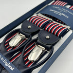 Albert Thurston for Cruciani & Bella Made in England 2 in 1 Adjustable Sizing 35 mm elastic braces Blue, Red and White Stripes  Y-Shaped Nickel Fittings Size Large #7391