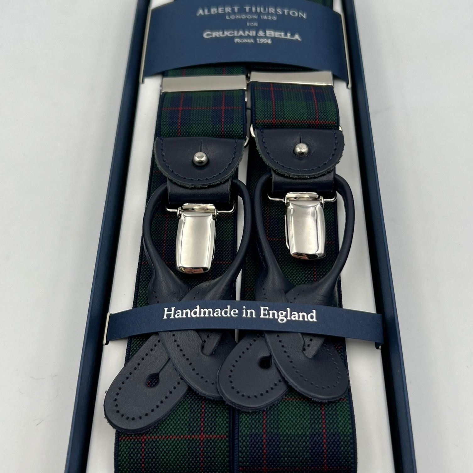 Albert Thurston for Cruciani & Bella Made in England 2 in 1 Adjustable Sizing 35 mm elastic braces Green Tartan Motif Y-Shaped Nickel Fittings Size Large #7389