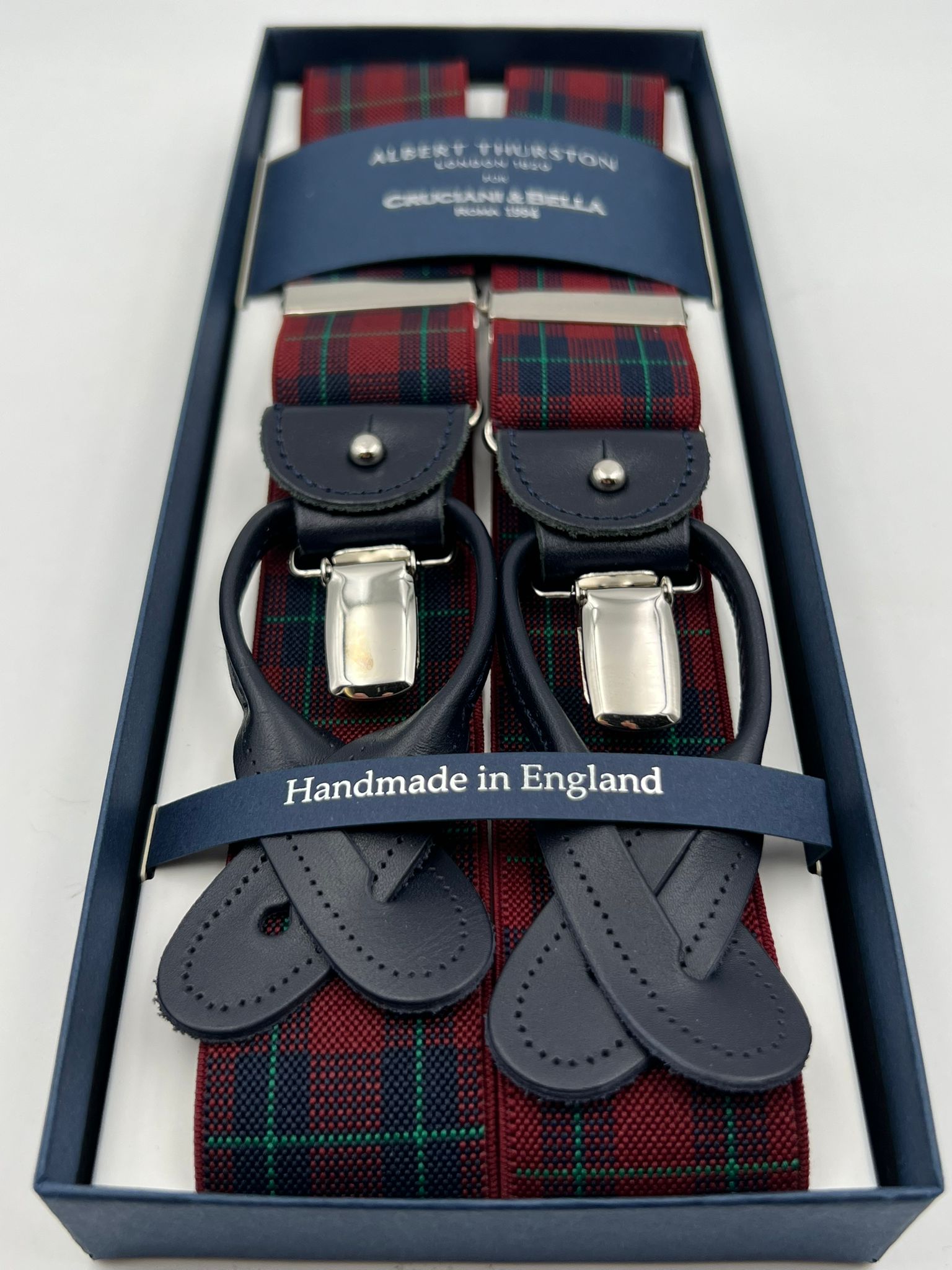 Albert Thurston for Cruciani & Bella Made in England 2 in 1 Adjustable Sizing 35 mm elastic braces Red Tartan Motif Y-Shaped Nickel Fittings Size Large #7388