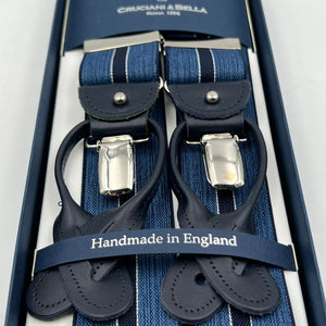 Albert Thurston for Cruciani & Bella Made in England 2 in 1 Adjustable Sizing 35 mm elastic braces Denim Blue and Blue Navy Stripes Y-Shaped Nickel Fittings Size Large #7393