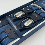 Albert Thurston for Cruciani & Bella Made in England 2 in 1 Adjustable Sizing 35 mm elastic braces Denim Blue and Blue Navy Stripes Y-Shaped Nickel Fittings Size Large #7393