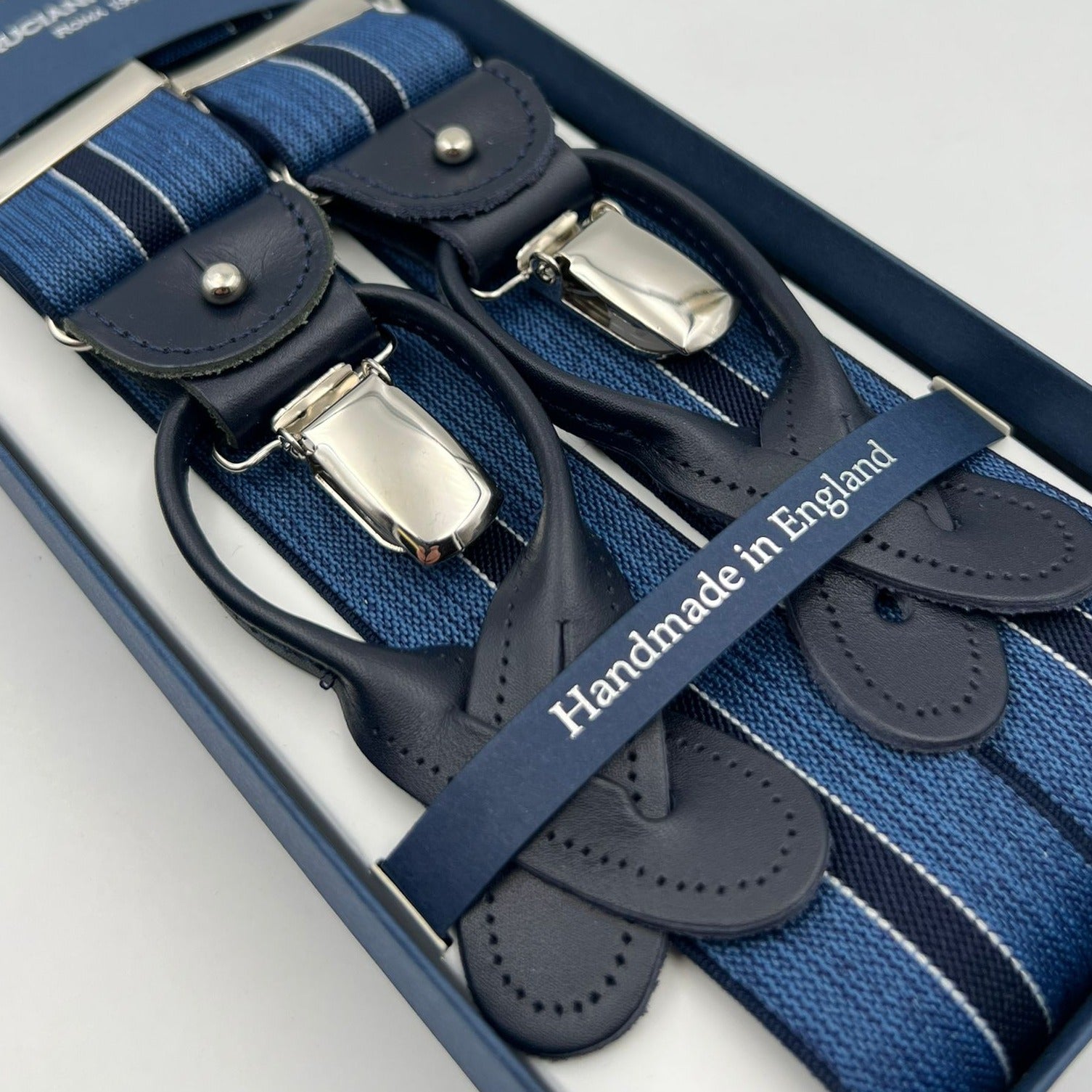 Albert Thurston for Cruciani & Bella Made in England 2 in 1 Adjustable Sizing 35 mm elastic braces Denim Blue and Blue Navy Stripes Y-Shaped Nickel Fittings Size Large #7393