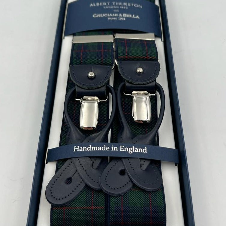 Albert Thurston for Cruciani & Bella Made in England 2 in 1 Adjustable Sizing 35 mm elastic braces Green Tartan Motif Y-Shaped Nickel Fittings Size Large #7389