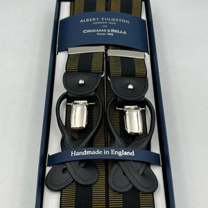 Albert Thurston for Cruciani & Bella Made in England 2 in 1 Adjustable Sizing 35 mm elastic braces Blue and Bronze Stripes Y-Shaped Nickel Fittings Size Large #7396