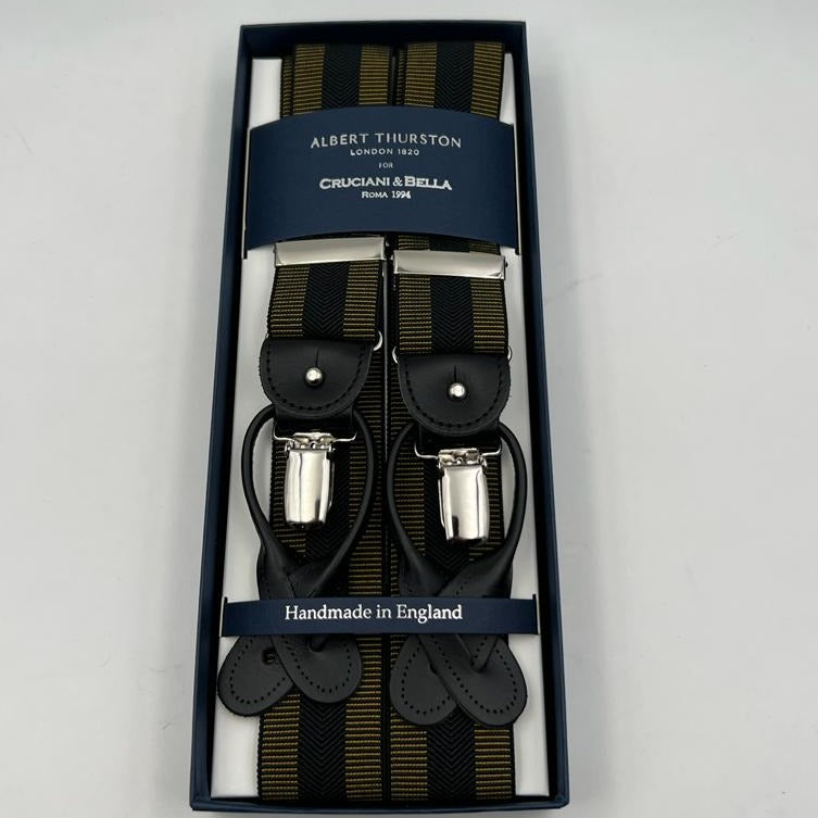 Albert Thurston for Cruciani & Bella Made in England 2 in 1 Adjustable Sizing 35 mm elastic braces Blue and Bronze Stripes Y-Shaped Nickel Fittings Size Large #7396