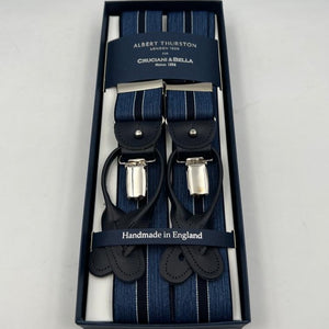 Albert Thurston for Cruciani & Bella Made in England 2 in 1 Adjustable Sizing 35 mm elastic braces Denim Blue and Blue Navy Stripes Y-Shaped Nickel Fittings Size Large #7393